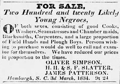 Slatters2 1834 advertisement by the Slatters to attract Georgia salve buyers to their establishment in Hamburg, South Carolina.